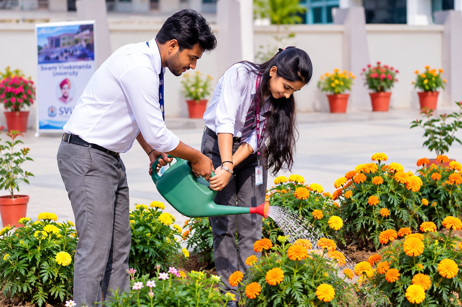 Students and staff tending the flower beds on campus
