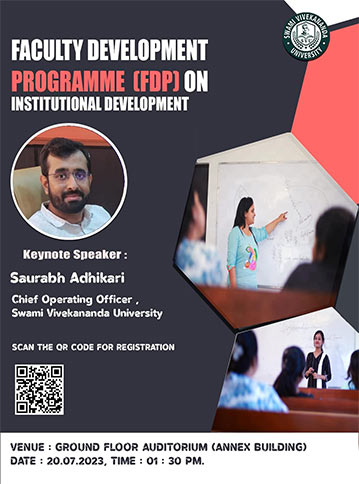 Poster for the Faculty Development Programme on Institutional Development, keynote by Saurabh Adhikari, 20 July 2023