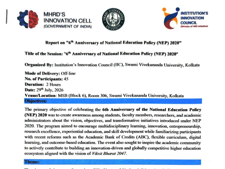 The cover of the Institution&rsquo;s Innovation Council report on 6th Anniversary of National Education Policy (NEP) 2020
