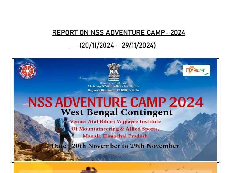 The title page of the NSS Adventure Camp 2024 report, with the camp banner for the West Bengal contingent at Manali