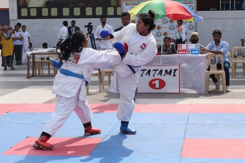 Cadets competing at the karate tournament on campus
