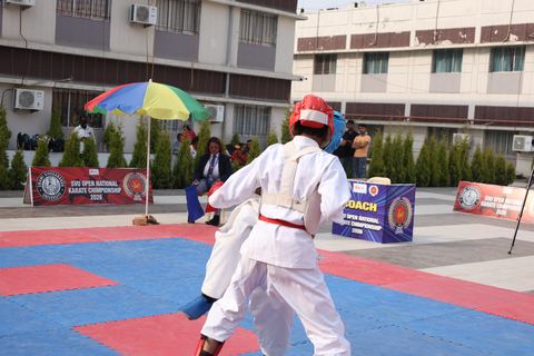 Cadets competing at the karate tournament on campus
