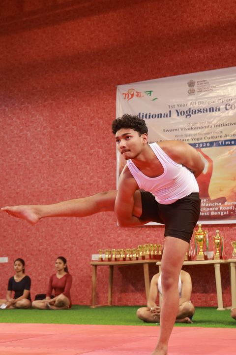 A student performing an asana at the yogasana competition on campus