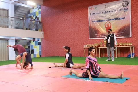 A student performing an asana at the yogasana competition on campus