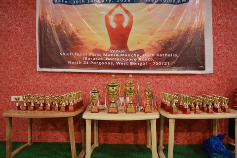 Trophies laid out for the traditional yogasana competition on campus